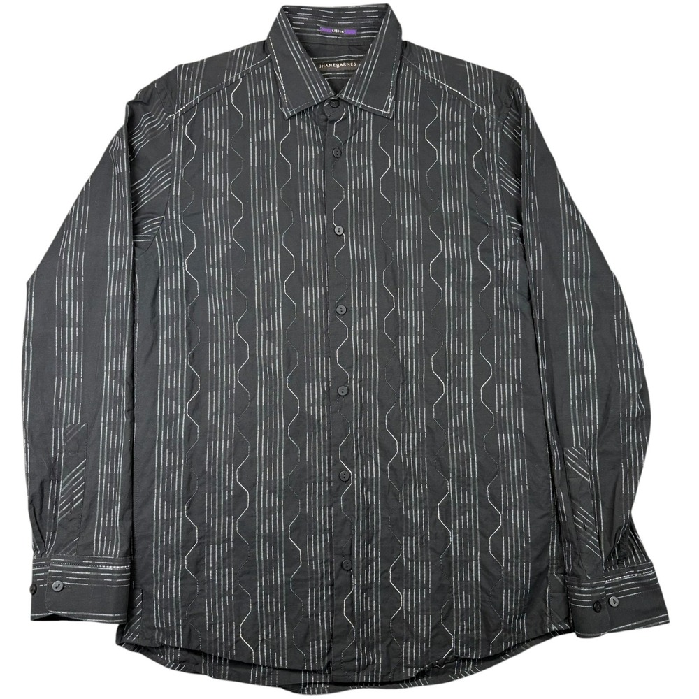 Vintage Jhane Barnes Dress Shirt Mens L Black Silver Geometric Long Sleeve Y2K